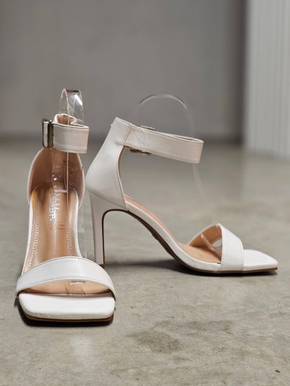 Strappy White Block Heel Sandals With Ankle Strap Buckle Bella Marie Womens Shoe